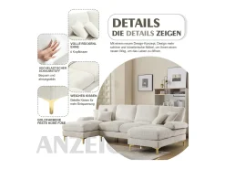 Sofá moderno en forma de U - 272 x 136 x 88 cm - con 2 asientos reclinables para salón dormitorio - Chenilla - beige