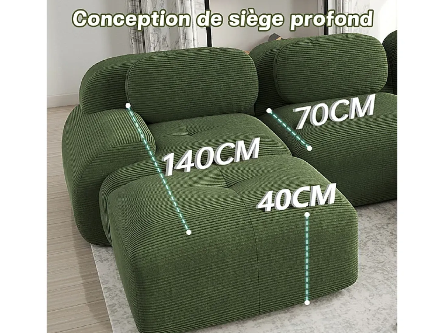 Sofá modular 3 plazas + 3 pouf - pana - con 3 cojines - densidad asiento 32kg/m³ - 298x178x70cm - Verde
