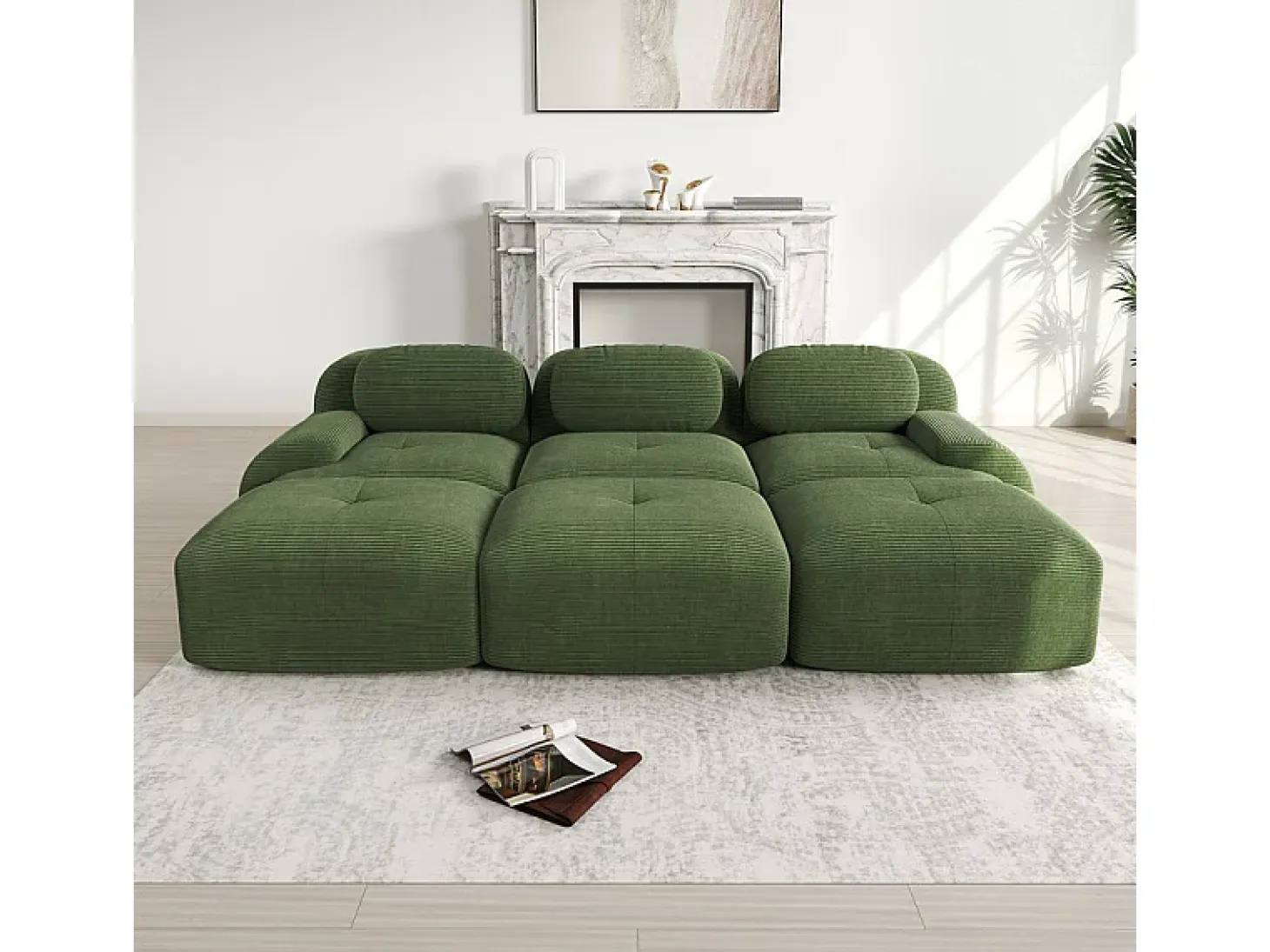 Sofá modular 3 plazas + 3 pouf - pana - con 3 cojines - densidad asiento 32kg/m³ - 298x178x70cm - Verde