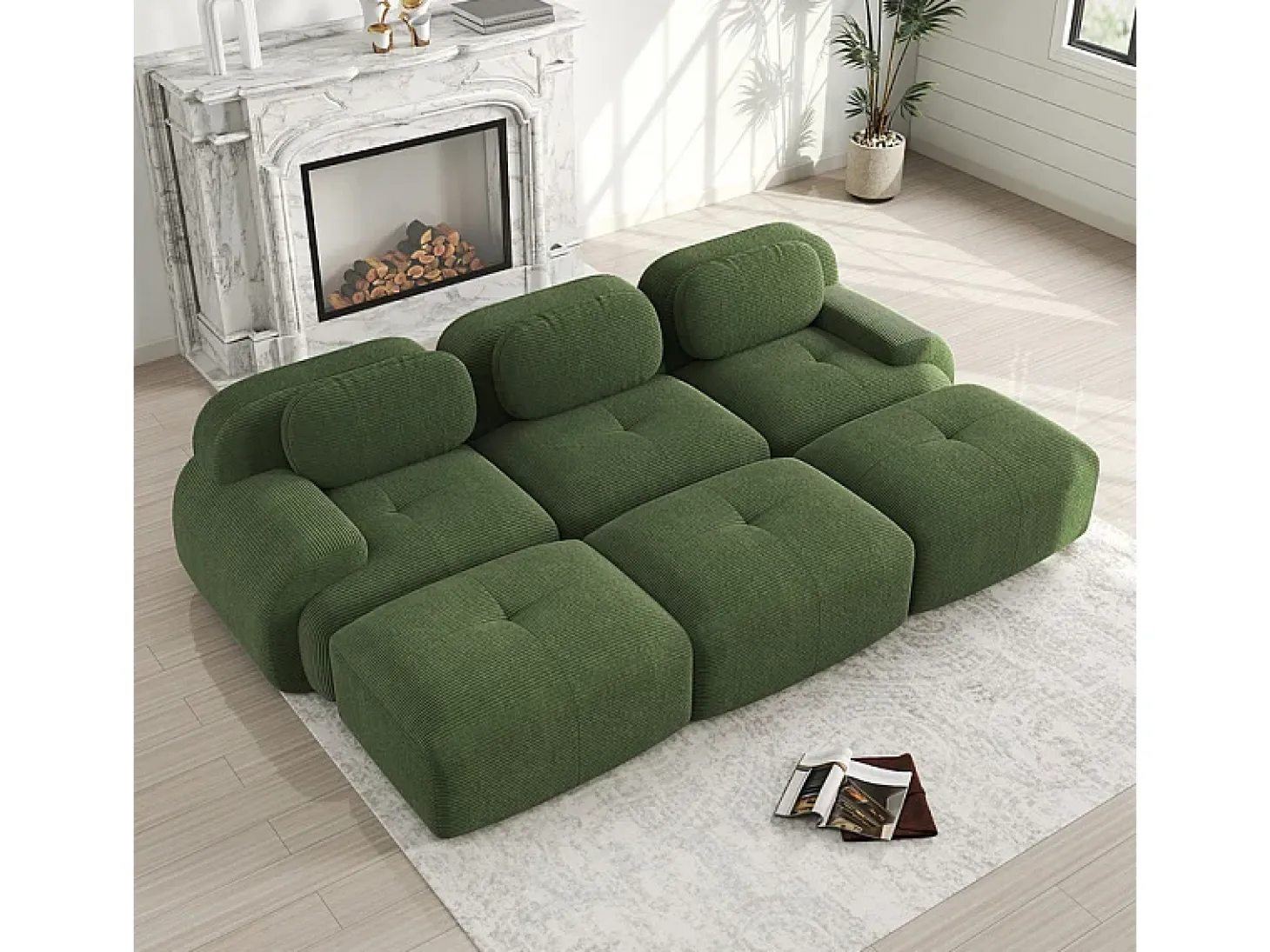 Sofá modular 3 plazas + 3 pouf - pana - con 3 cojines - densidad asiento 32kg/m³ - 298x178x70cm - Verde