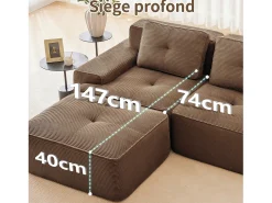 Sofá Modular 2 plazas en Pana, con otomana y 2 cojines, 204x177x69cm, Marrón