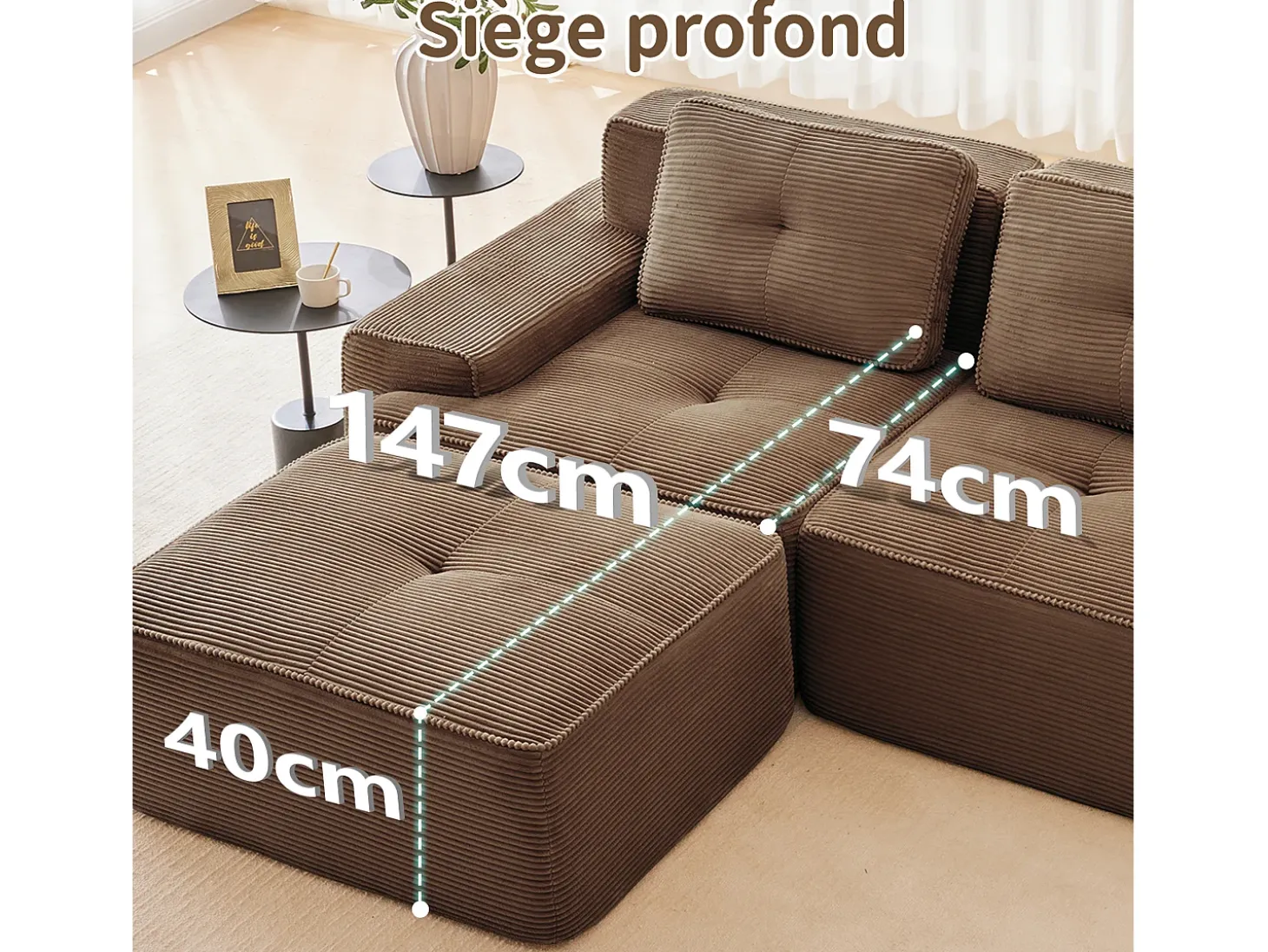 Sofá Modular 2 plazas en Pana, con otomana y 2 cojines, 204x177x69cm, Marrón