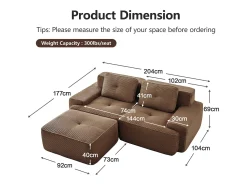 Sofá Modular 2 plazas en Pana, con otomana y 2 cojines, 204x177x69cm, Marrón