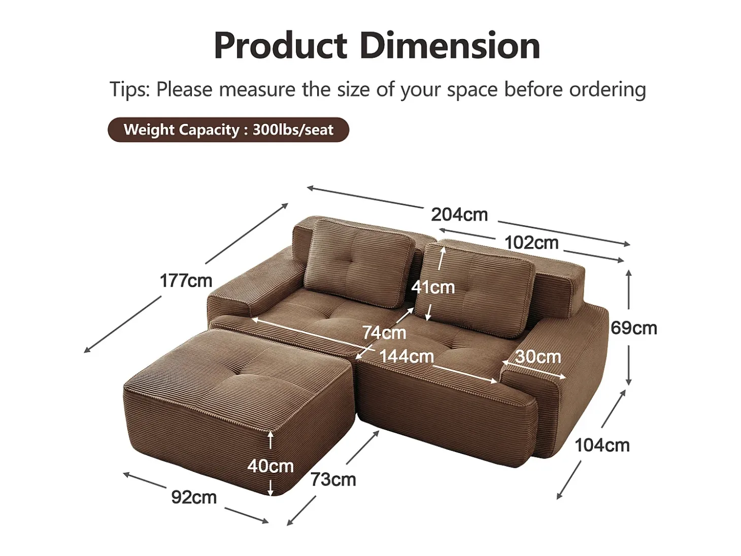 Sofá Modular 2 plazas en Pana, con otomana y 2 cojines, 204x177x69cm, Marrón