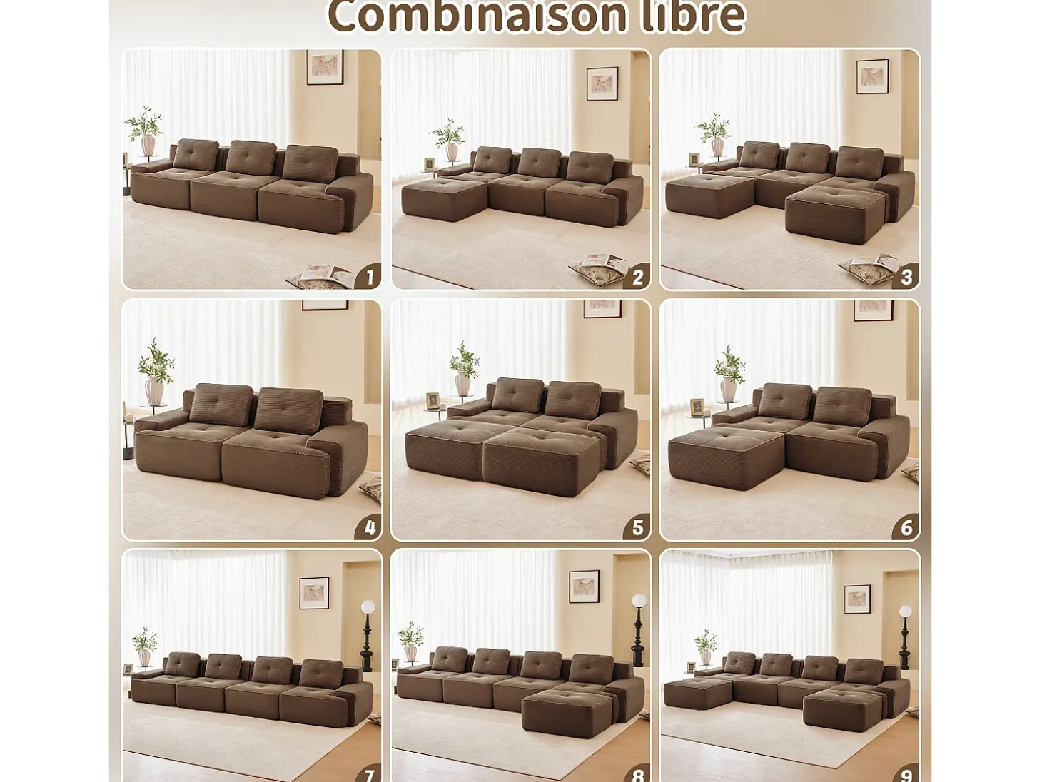 Sofá Modular 2 plazas en Pana, con otomana y 2 cojines, 204x177x69cm, Marrón