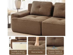 Sofá Modular 2 plazas en Pana, con otomana y 2 cojines, 204x177x69cm, Marrón