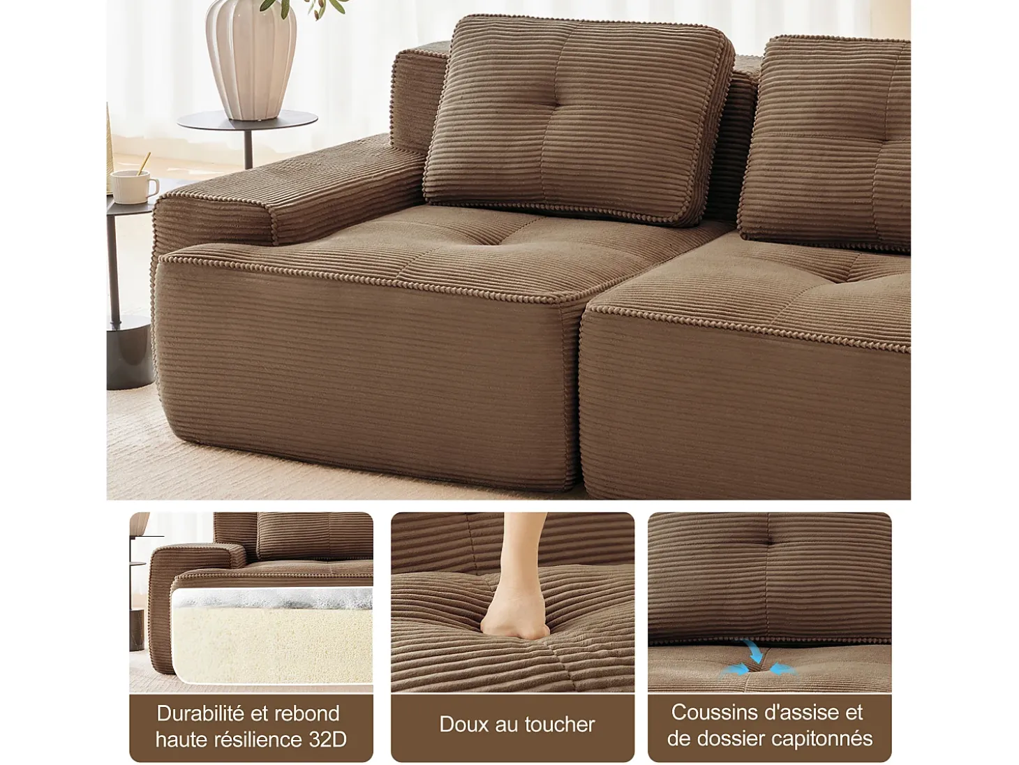 Sofá Modular 2 plazas en Pana, con otomana y 2 cojines, 204x177x69cm, Marrón