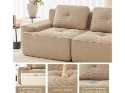 Sofá Modular 4 plazas en Pana, con 4 cojines, 382x104x69cm, Beige