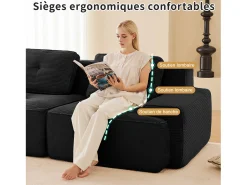 Sofá Modular 3 plazas en Pana, con 3 cojines, 74cm asiento extra profundo, 293x104x69cm, Negro