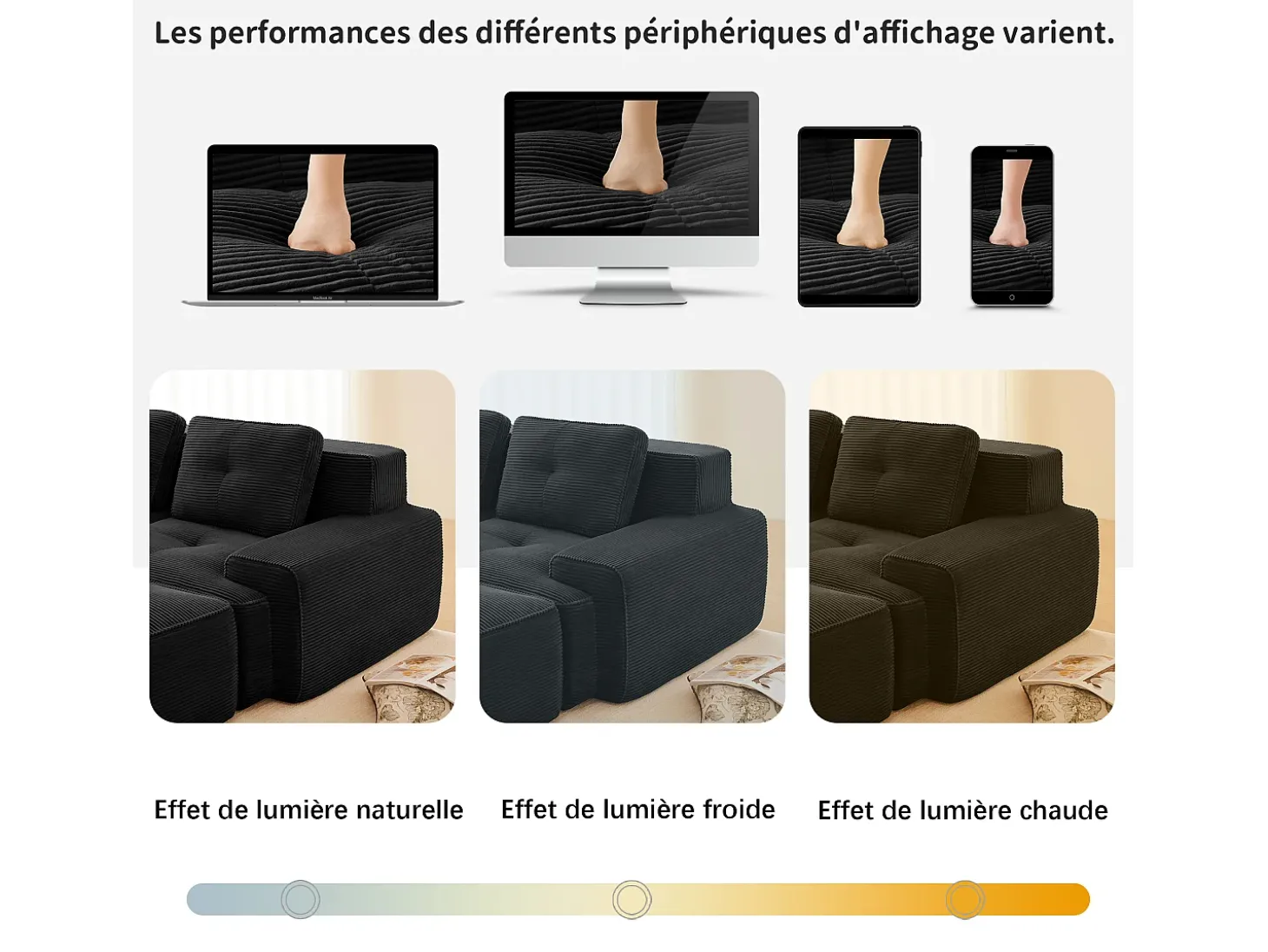 Sofá Modular 3 plazas en Pana, con 3 cojines, 74cm asiento extra profundo, 293x104x69cm, Negro