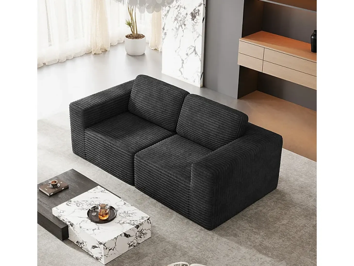 Sofá Modular 2 plazas en Pana, con 2 cojines, 202x101x82cm, Negro