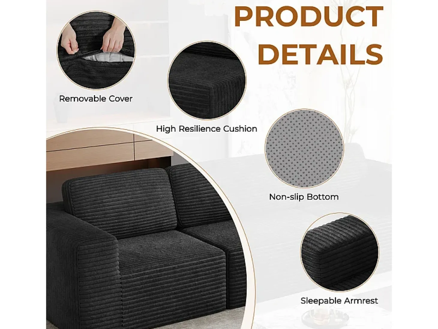 Sofá Modular 2 plazas en Pana, con 2 cojines, 202x101x82cm, Negro