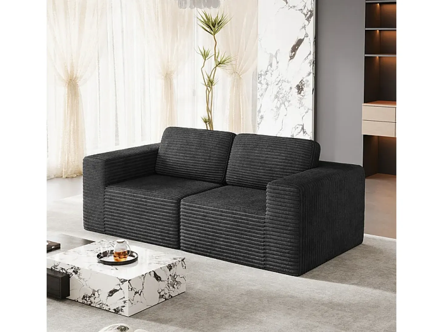 Sofá Modular 2 plazas en Pana, con 2 cojines, 202x101x82cm, Negro