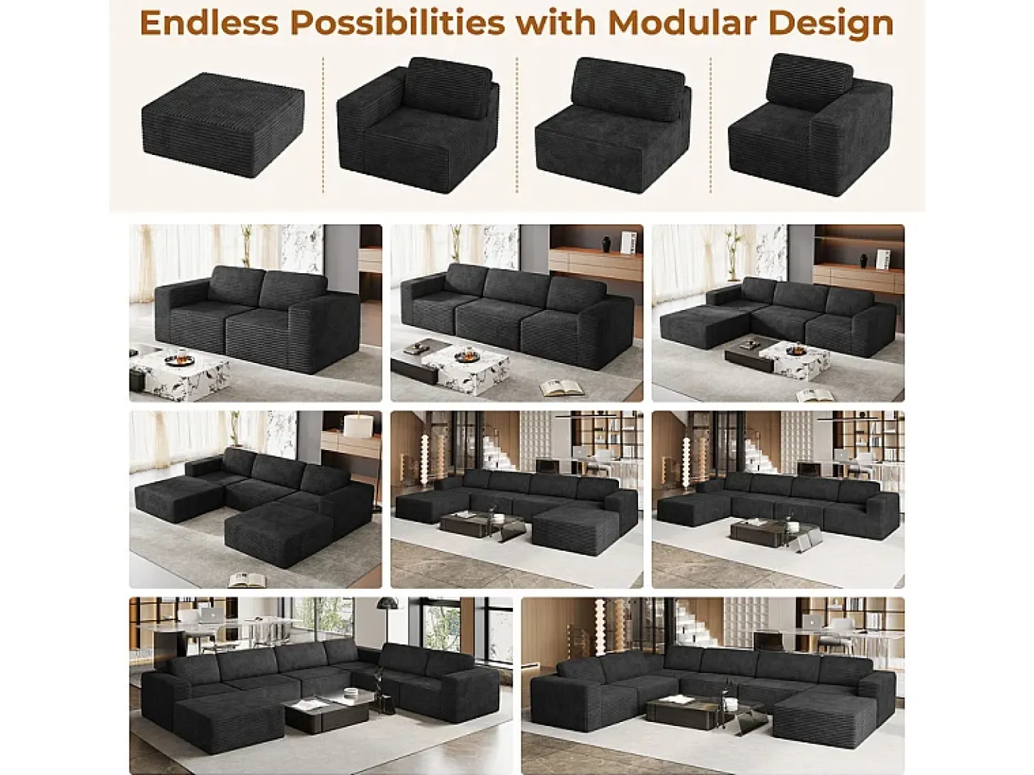 Sofá Modular 2 plazas en Pana, con 2 cojines, 202x101x82cm, Negro