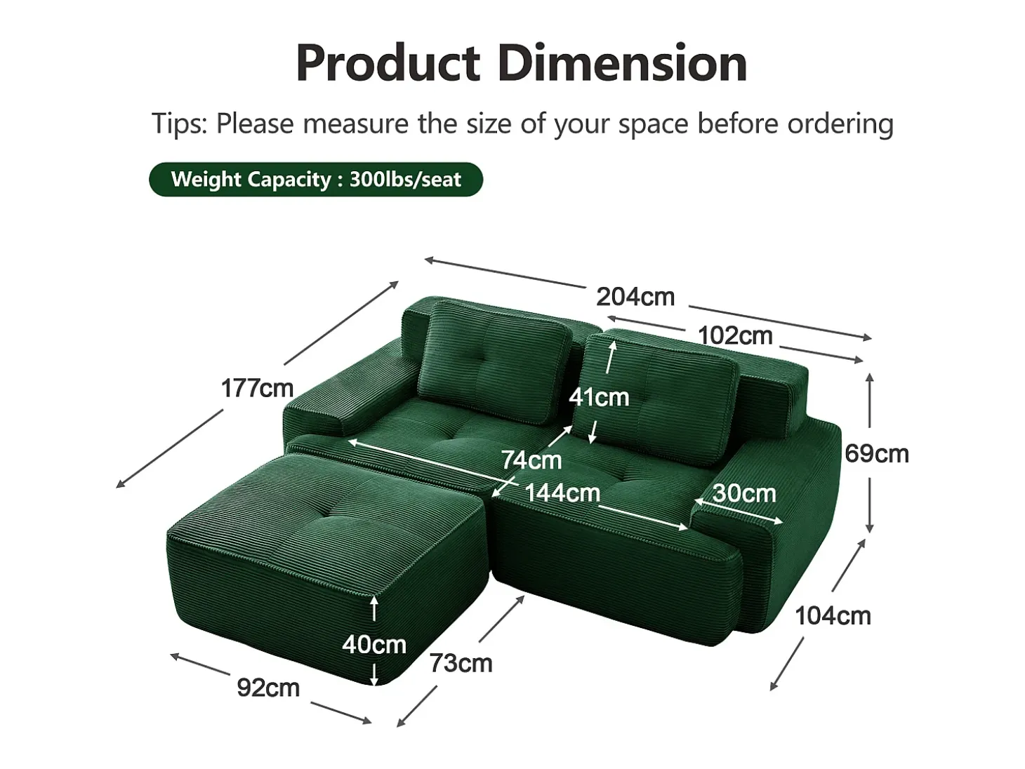 Sofá Modular 2 plazas en Pana, con otomana y 2 cojines, 204x177x69cm, Verde