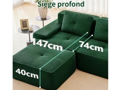 Sofá Modular 2 plazas en Pana, con otomana y 2 cojines, 204x177x69cm, Verde