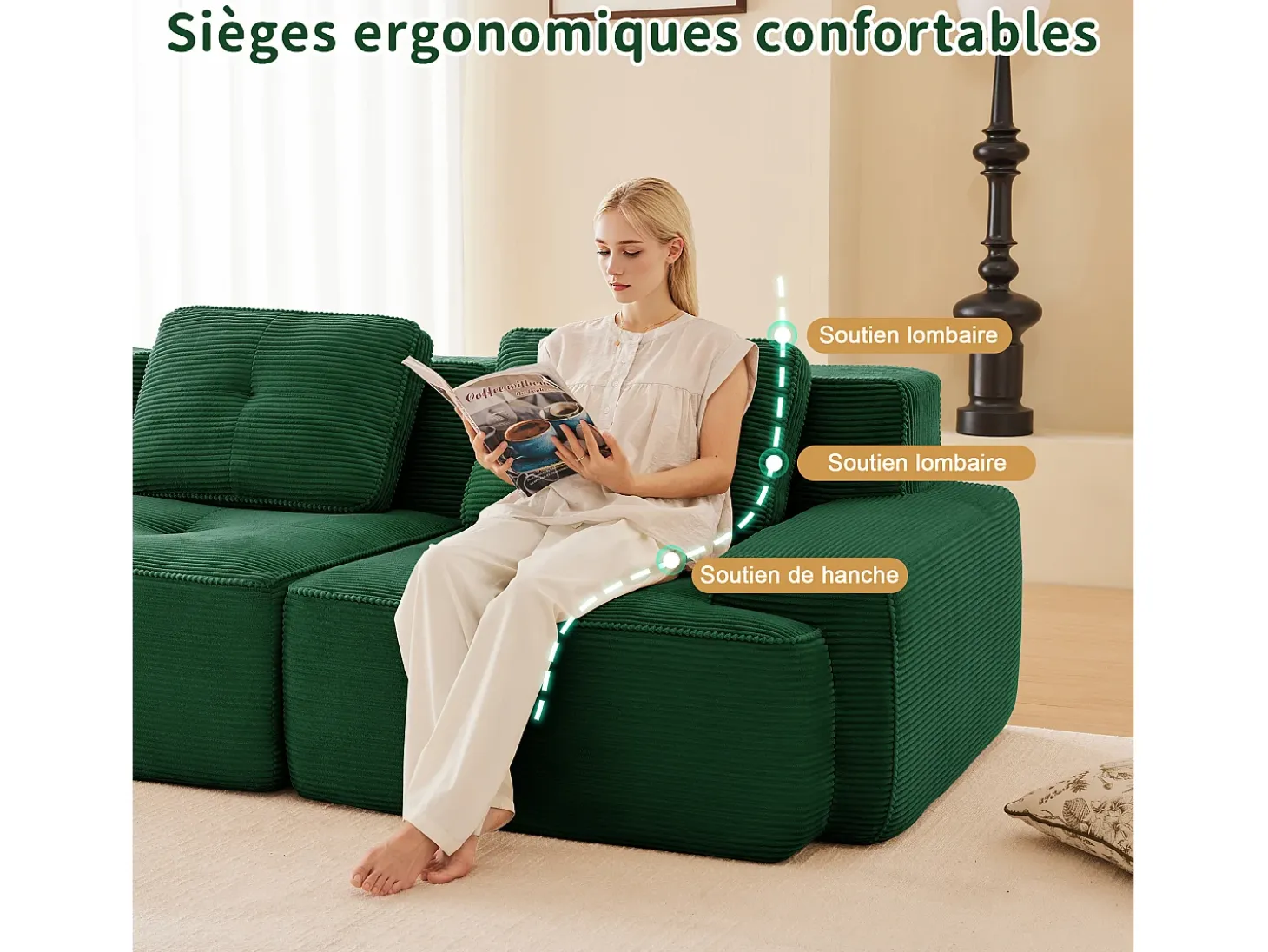 Sofá Modular 2 plazas en Pana, con otomana y 2 cojines, 204x177x69cm, Verde