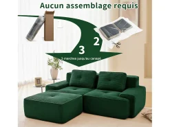 Sofá Modular 2 plazas en Pana, con otomana y 2 cojines, 204x177x69cm, Verde