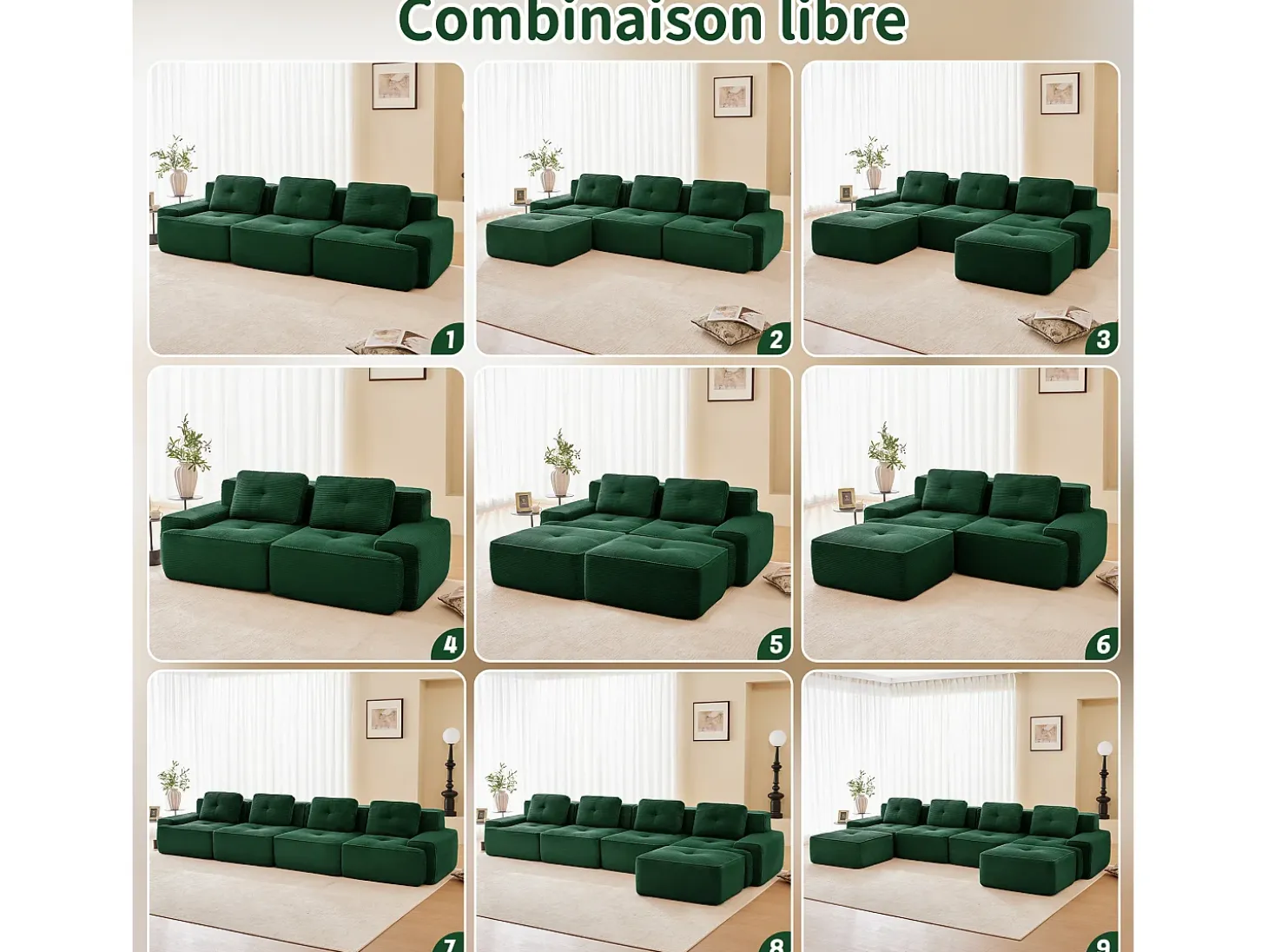 Sofá Modular 2 plazas en Pana, con otomana y 2 cojines, 204x177x69cm, Verde