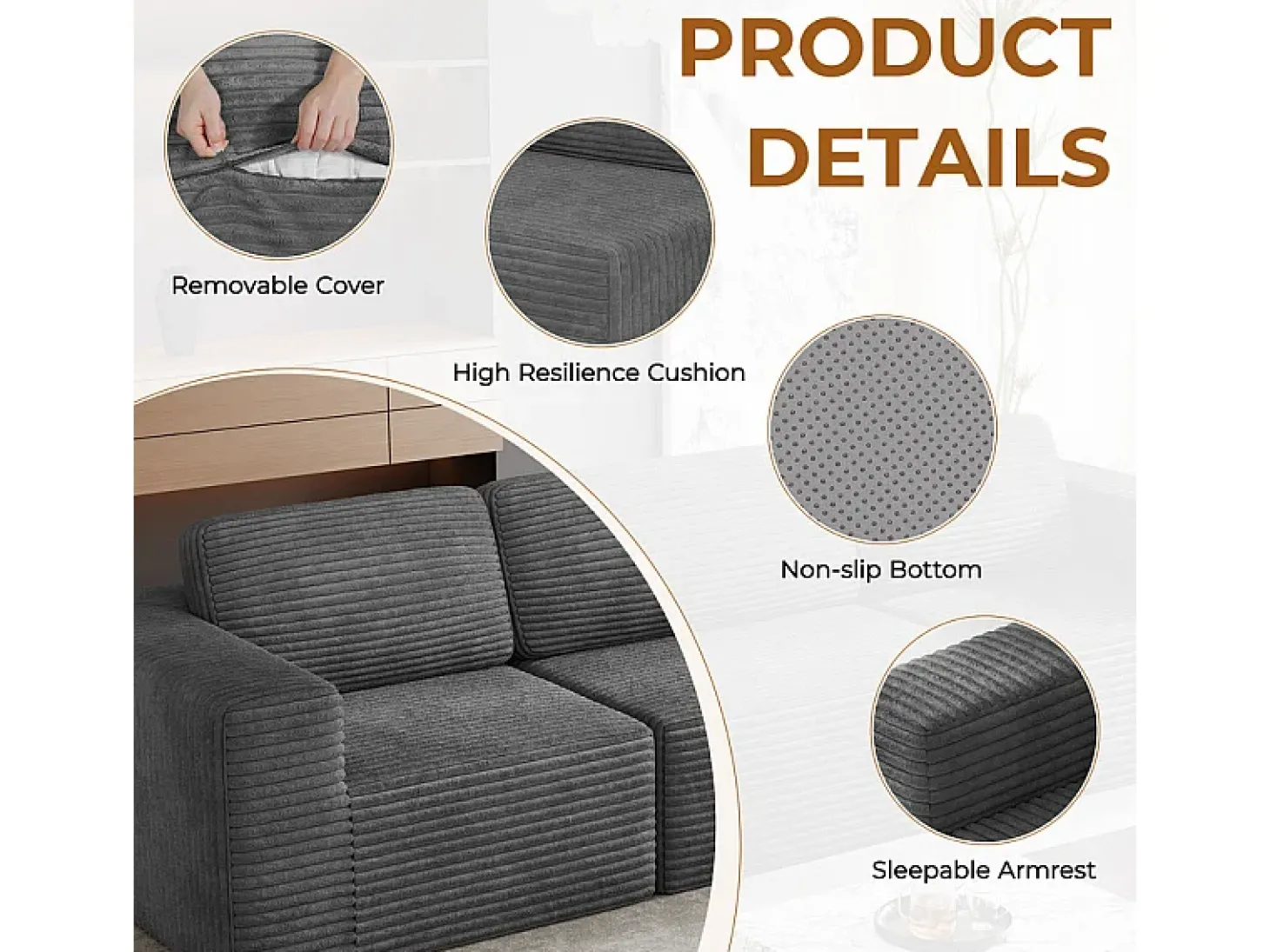 Sofá Modular 2 plazas en Pana, con 2 cojines, 202x101x82cm, Gris