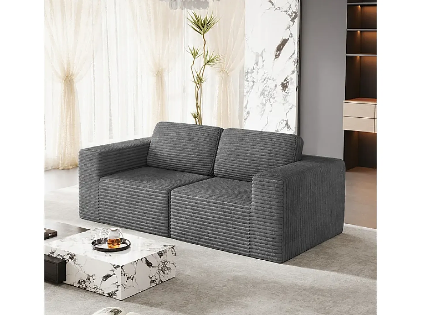 Sofá Modular 2 plazas en Pana, con 2 cojines, 202x101x82cm, Gris