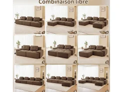 Sofá Modular 4 plazas en Pana, con otomana y 4 cojines, 382x177x69cm, Marrón