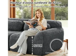 Sofá Modular 3 plazas en tela peluche, con 3 cojines, sin estructura, 291x104x73cm, Gris