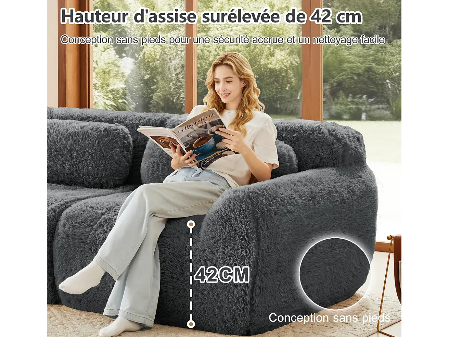 Sofá Modular 3 plazas en tela peluche, con 3 cojines, sin estructura, 291x104x73cm, Gris