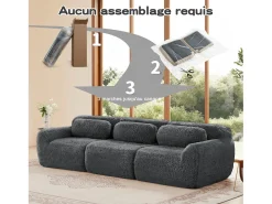 Sofá Modular 3 plazas en tela peluche, con 3 cojines, sin estructura, 291x104x73cm, Gris