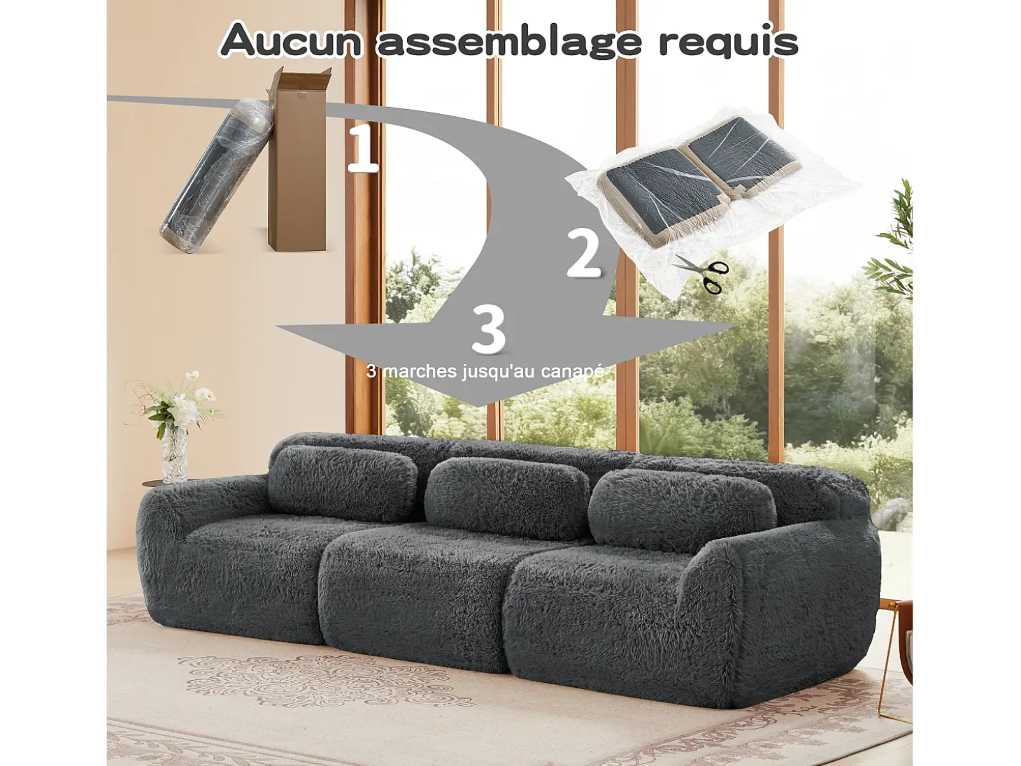 Sofá Modular 3 plazas en tela peluche, con 3 cojines, sin estructura, 291x104x73cm, Gris