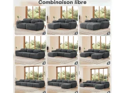 Sofá Modular 3 plazas en tela peluche, con 3 cojines, sin estructura, 291x104x73cm, Gris