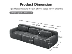 Sofá Modular 3 plazas en tela peluche, con 3 cojines, sin estructura, 291x104x73cm, Gris