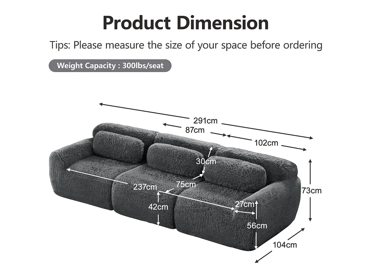 Sofá Modular 3 plazas en tela peluche, con 3 cojines, sin estructura, 291x104x73cm, Gris