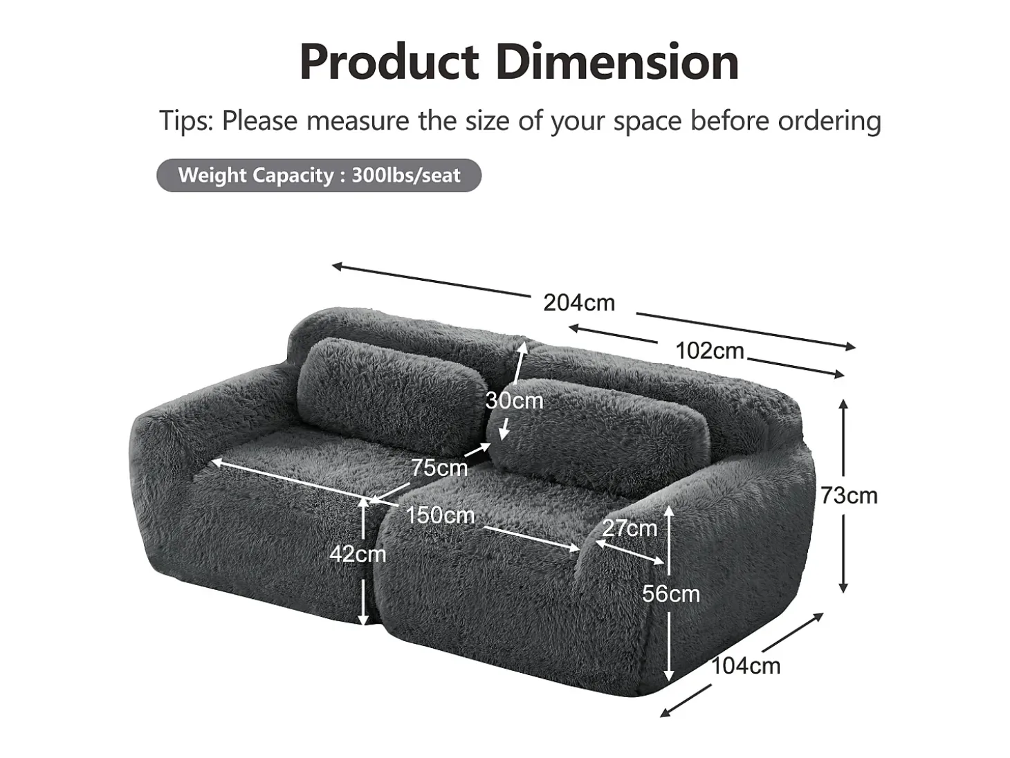 Sofá Modular 2 plazas en tela peluche, con 2 cojines, asiento extra profundo 75cm, 204x104x73cm, Gris