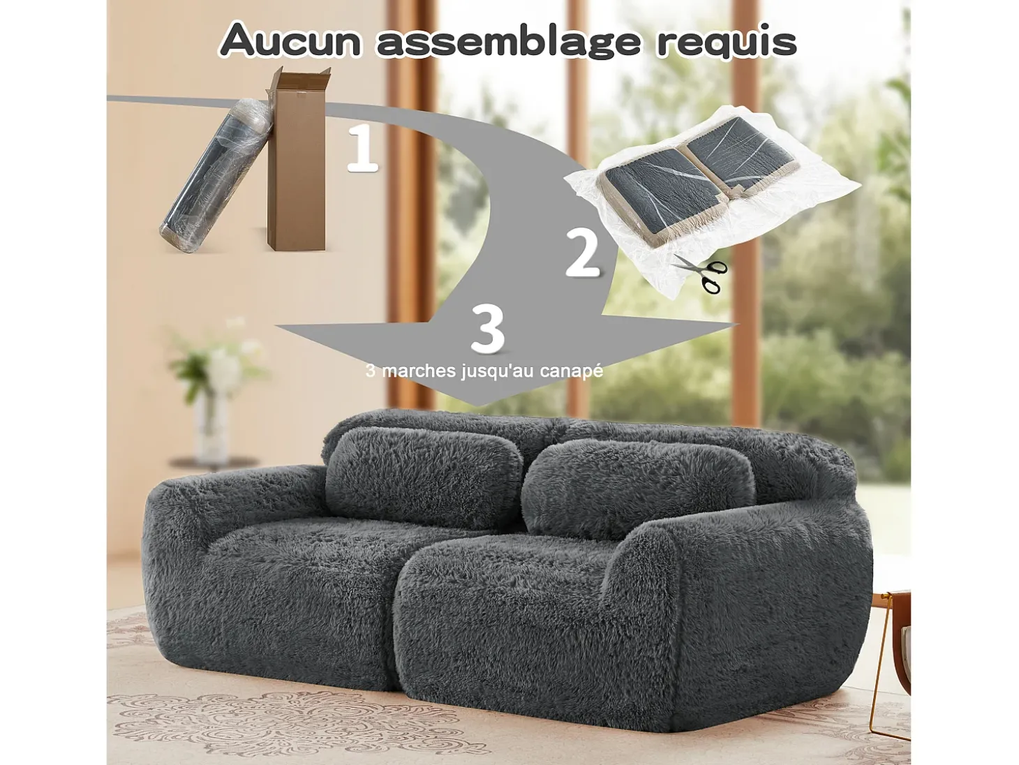 Sofá Modular 2 plazas en tela peluche, con 2 cojines, asiento extra profundo 75cm, 204x104x73cm, Gris