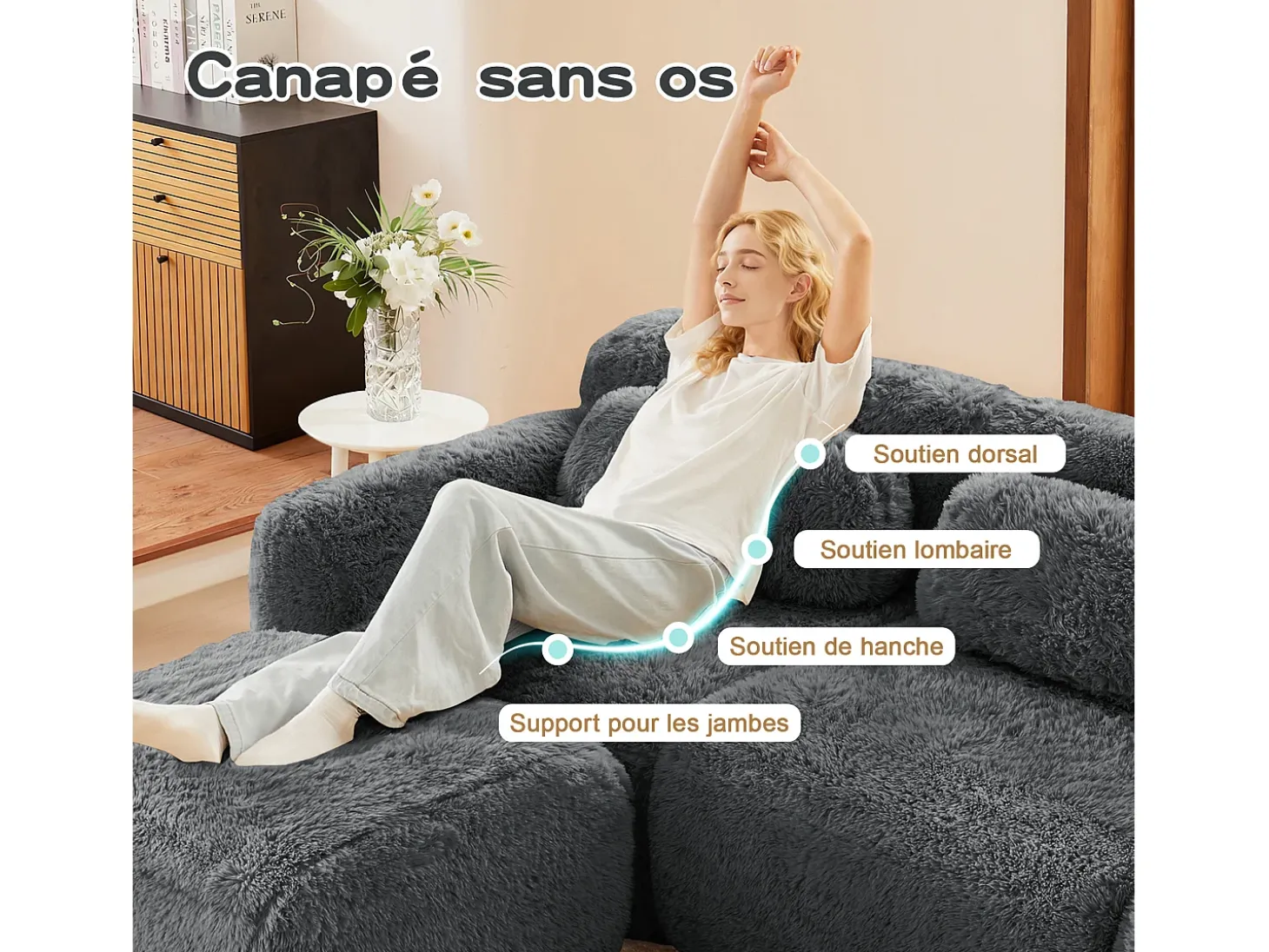 Sofá Modular 2 plazas en tela peluche, con 2 cojines, asiento extra profundo 75cm, 204x104x73cm, Gris