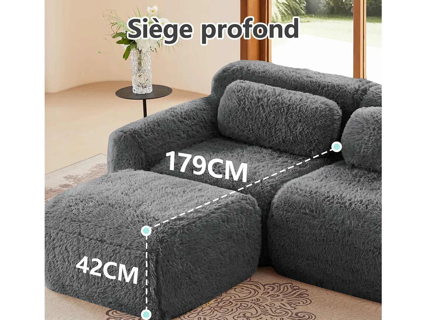 Sofá Modular 2 plazas en tela peluche, con 2 cojines, asiento extra profundo 75cm, 204x104x73cm, Gris