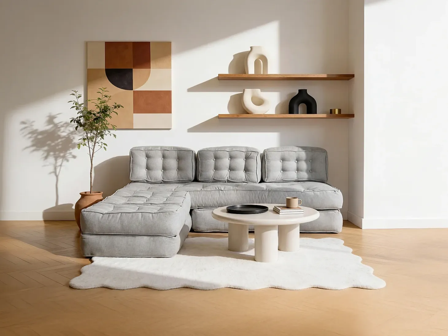 Sofá modular convertible de tela color gris DILAKO