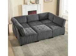 Sofá modular convertible en terciopelo gris - 6 plazas - ergonómico - con bolsillos de almacenamiento - 308x154x82cm