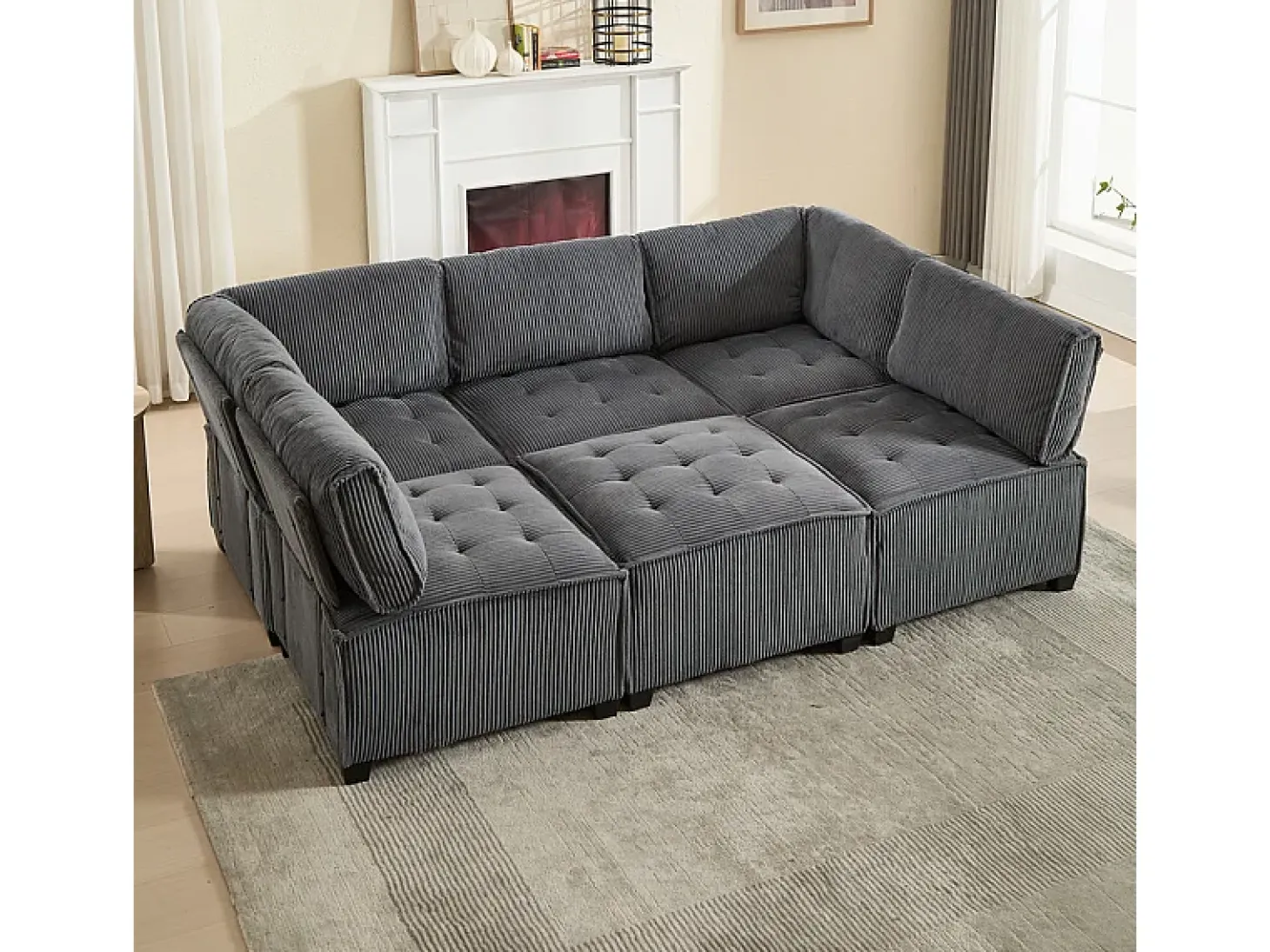 Sofá modular convertible en terciopelo gris - 6 plazas - ergonómico - con bolsillos de almacenamiento - 308x154x82cm