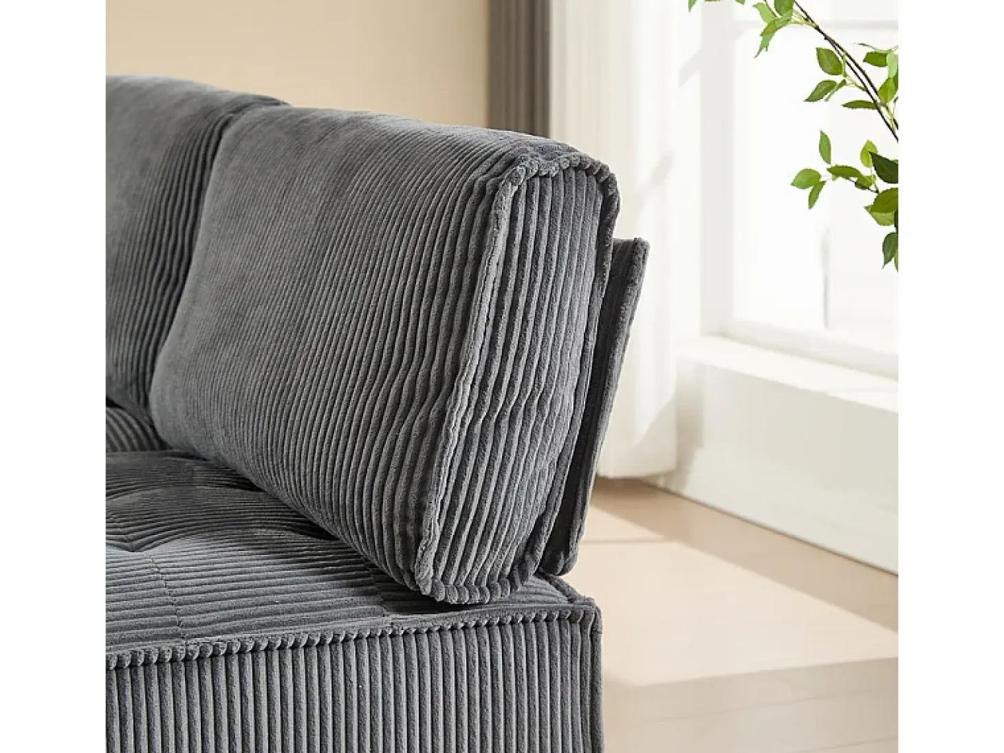 Sofá modular convertible en terciopelo gris - 6 plazas - ergonómico - con bolsillos de almacenamiento - 308x154x82cm