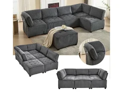 Sofá modular convertible en terciopelo gris - 6 plazas - ergonómico - con bolsillos de almacenamiento - 308x154x82cm