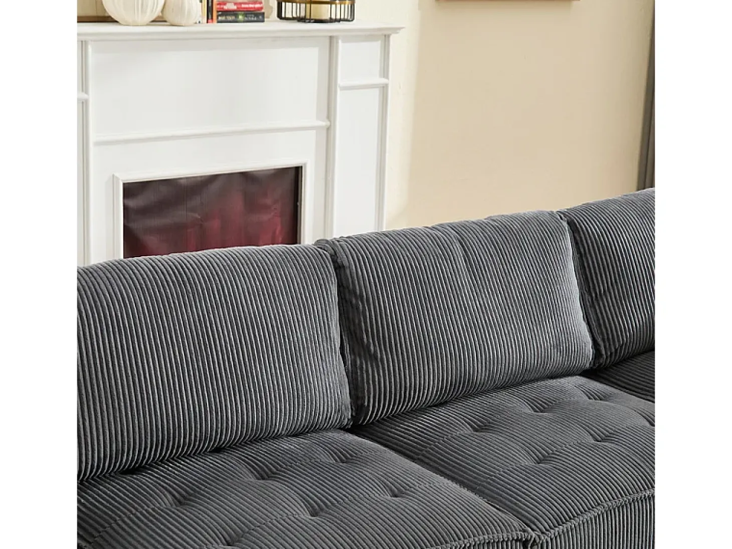 Sofá modular convertible en terciopelo gris - 6 plazas - ergonómico - con bolsillos de almacenamiento - 308x154x82cm
