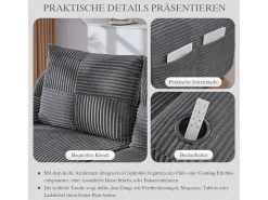 Sofá modular de 3 plazas - 268 x 174 x 80 cm - con 2 pufs + portavasos + bolsillo de almacenamiento - terciopelo - gris oscuro