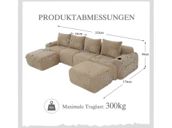 Sofá modular de 4 plazas - 333 x 174 x 80 cm - con 2 pufs + portavasos + bolsillo de almacenamiento - terciopelo - caqui