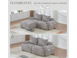 Sofá modular de 2 plazas - 200 x 174 x 80 cm - con 1 otomana + portavasos + bolsillo de almacenamiento - terciopelo - gris claro