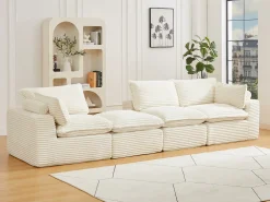 Sofá modular de esquina con puf de pana gruesa beige CYROMA