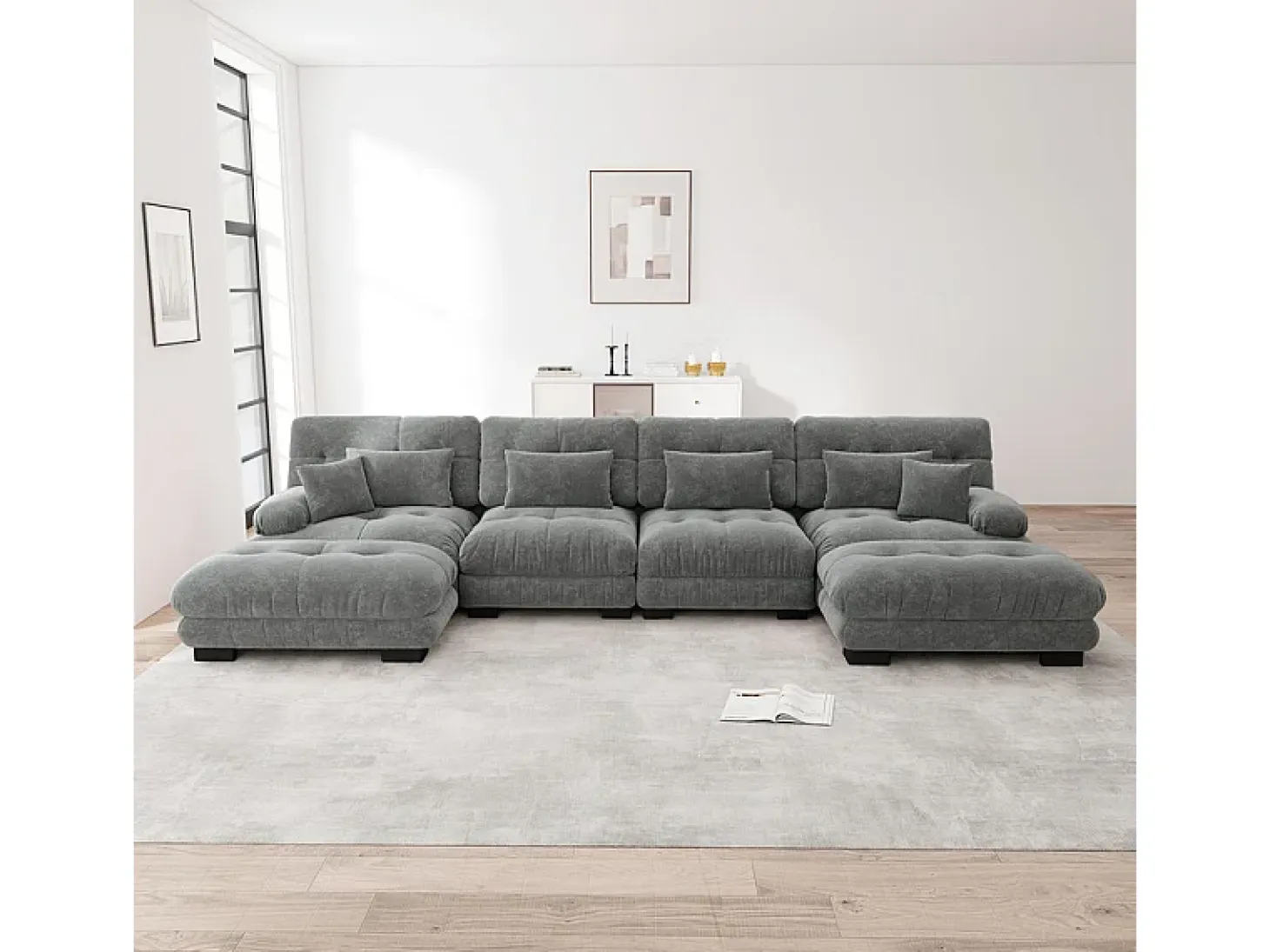 Sofá modular esquina 4 plazas - con 2 pouf y 6 cojines - DIY forma U/L - 406x145x81cm - Gris