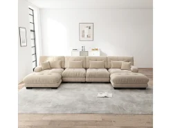 Sofá modular esquina 4 plazas - con 2 pouf y 6 cojines - DIY forma U/L - 406x145x81cm - Beige