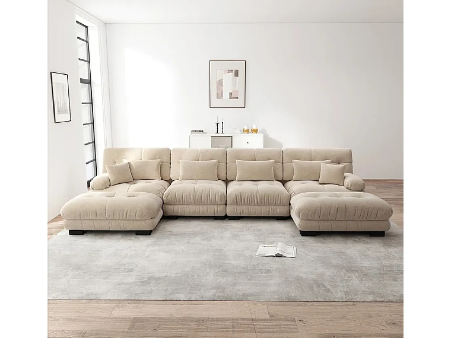 Sofá modular esquina 4 plazas - con 2 pouf y 6 cojines - DIY forma U/L - 406x145x81cm - Beige
